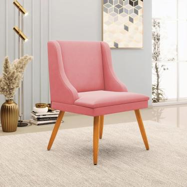 Imagem de Cadeira Decorativa Sala de Jantar Pés Palito de Madeira Firenze Suede Rosê/Natural G19 - Gran Belo