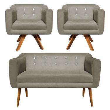 Imagem de Kit 01 Namoradeira 02 Lugares e 02 Poltronas Giratória Julia Suede Marrom Rato com Strass Base Madeira MM30 D'Rossi