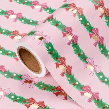 Imagem de WRAPAHOLIC Rolo de papel de embrulho Bow Christmas – Mini rolo – 43 cm x 40 cm – Papel de embrulho de laço rosa com design de sino e guirlanda para meninas, Natal, feriado, festa de celebração
