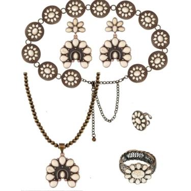 Imagem de stablerice Conjunto de 5 peças de joias turquesa ocidental rústica para mulheres cowgirl vintage westerns colar cintos pulseira conjunto de brincos rústico Couture grande concho metal cintos boho