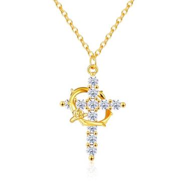 Imagem de ACECHA Colar de cruz de ouro para mulheres, pingente de cruz CZ banhado a ouro, colares delicados de crucifixo de fé, presente de joia para mãe, esposa, mulheres, Natal, aniversário, common, Latão