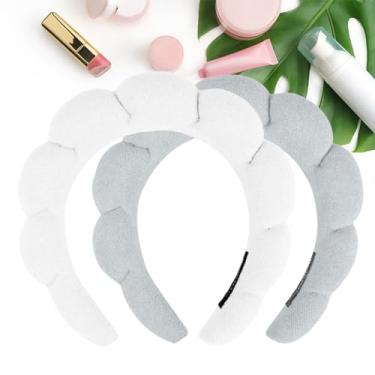 Imagem de 2 peças de faixa de cabeça de spa cinza e branca para lavar o rosto – faixa de cabeça de tecido de pano felpudo esponja para lavar o rosto, remover maquiagem, chuveiro, máscara facial, chuveiro