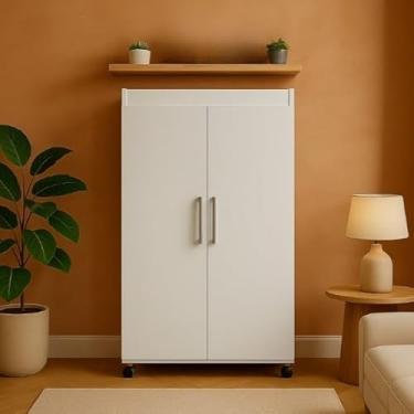 Imagem de Armário Multiuso Slim 2 Portas com Rodízios | Armário Compacto de MDP com 3 Prateleiras para Lavanderia, Quarto e Escritório (BRANCO)