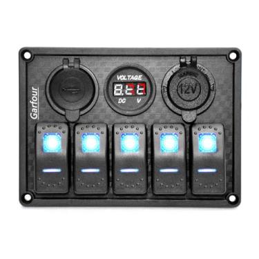 Imagem de Garfour Painel de borracha impermeável com interruptor basculante marítimo para barco, 5 grupos com entrada USB duplo 3.1A + 12 V + voltímetro de luz LED azul para carro, barco, caminhão, L5S3-blue-G