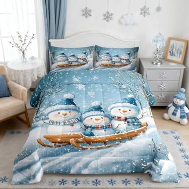 Imagem de Jogo de cama Queen com desenho animado de boneco de neve, 3 peças, decoração de trenó de esqui de inverno, para meninos e meninas, adolescentes, estilo rústico, floco de neve branco, edredom