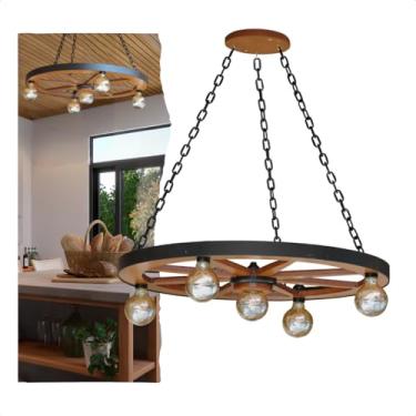 Imagem de Lustre Pendente Rústico Roda Carroça Dupla Corrente Bocais E27 Bivolt Iluminação Decorativa Madeira Ferro Estilo Vintage Industrial Ambientes Sala Jantar Cozinha Varanda Chácara (Grande)