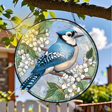 Imagem de Acrílico colorido Suncatcher, decoração para pendurar pássaros com design de estilo vitral impresso, arte de parede de arco-íris, refrator de luz do sol, decoração de casa interna e externa com
