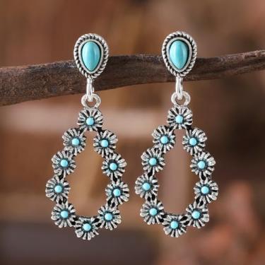 Imagem de Brincos ocidentais femininos cowgirl em forma de lágrima design oco boho turquesa incrustada brinco retrô vintage joia presente