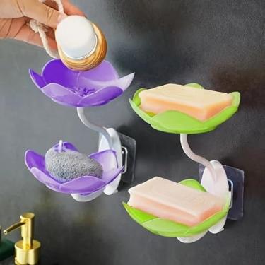 Imagem de Conjunto de saboneteira montada na parede em forma de flor, organizador de armazenamento de banheiro de drenagem de camada dupla - design econômico de plástico durável (verde)