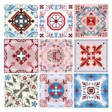 Imagem de Feifeiya Pacote com 10 adesivos de azulejo de 30,48 cm x 30,5 cm para serviço pesado Backsplash adesivos coloridos para azulejos de parede mexicanos Talavera adesivos 3D quadriculados à prova d'água
