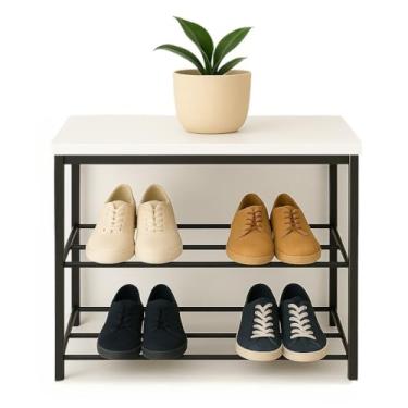 Imagem de Sapateira Organizadora, Sapateira Banco Estilo Industrial 2 Prateleiras de Aço para Hall de Entrada Já(Tampo Branco)
