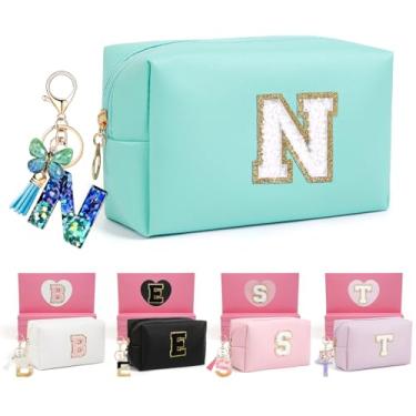 Imagem de AIBFRID 2 peças de bolsas de maquiagem iniciais para mulheres, presentes de aniversário para meninas de 10, 5, 6, 7, 8, 9, 10, 11 e 12 anos, bolsas de cosméticos de viagem, bolsa de maquiagem fofa