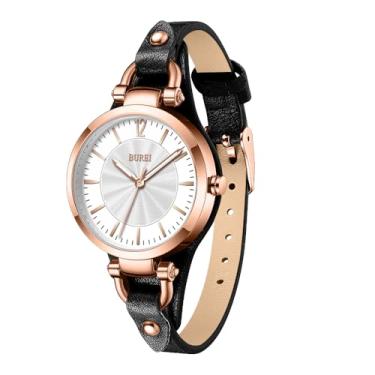 Imagem de BUREI Relógios femininos simples pulseira de couro relógio de quartzo de luxo pequeno fino feminino pulseira pulseira relógio de pulso feminino (rosa dourado preto)