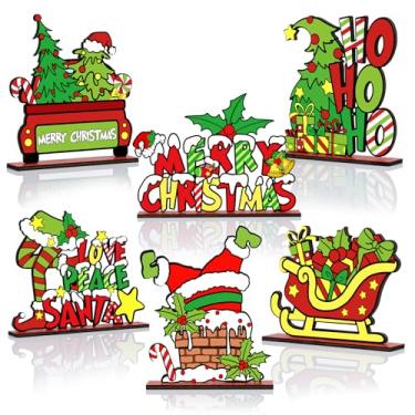 Imagem de 6 peças de decoração de mesa de madeira de Natal Noel Merry Christmas placas de mesa rústica casa de fazenda Papai Noel trenó Ho centro de mesa para casa prateleira decoração interna
