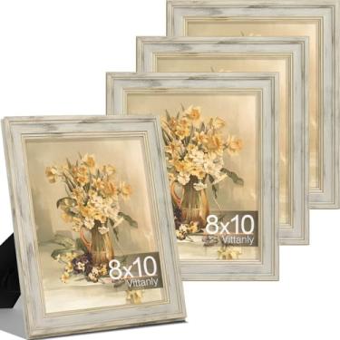 Imagem de Vittanly Conjunto de 4 porta-retratos 20 x 25 cm, moldura vintage para parede ou mesa, exibição de fotos 13 x 17 com tapete ou 20 x 25 sem tapete, decoração de casa de fazenda rústica, branco