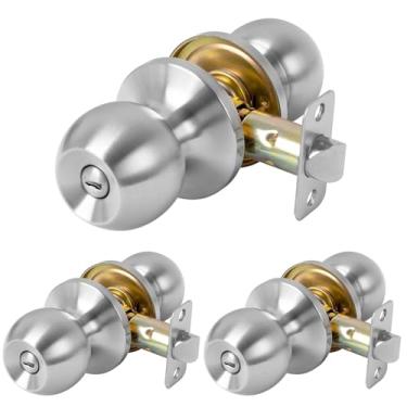 Imagem de RAFECIEE Maçaneta de porta de privacidade sem chave interior com fechadura de porta de banheiro com fechadura maçaneta de níquel acetinado, pacote com 3