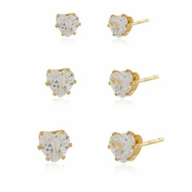 Imagem de Brinco Trio Corações Feminino Semi Joia Banhado Ouro 18k Presente Mae 