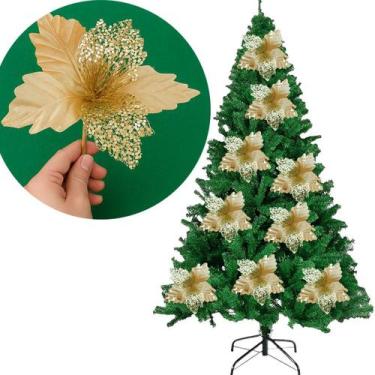 Imagem de Flores Ramo Galho Enfeite Árvore Natal Dourado 18cm Kit 8pç - Genérico