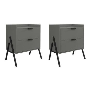 Imagem de Kit 2 Mesas De Cabeceiras Retrô Com 2 Gavetas Asher 63cm - Cinza