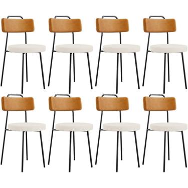 Imagem de Kit 08 Cadeiras Decorativa Estofada Sala De Jantar Barcelona L02 Couríssimo Whisky Linho Cru - Lyam