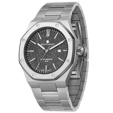 Imagem de SAPPHERO Relógios masculinos octogonais 10 ATM à prova d'água negócios moda casual masculino quartzo japonês aço inoxidável luminoso relógio de pulso presente para homens, Pulseira N - prata e face
