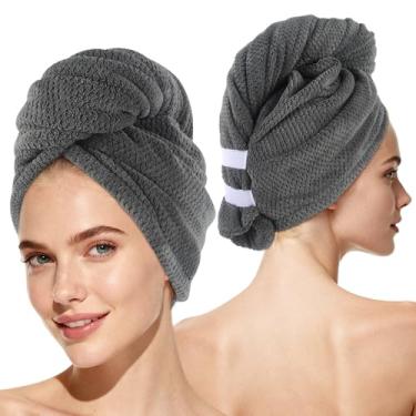 Imagem de SUNLAND Toalha de cabelo de microfibra, toalha de secagem de cabelo com botão, turbantes de cabelo para cabelo molhado, toalha de cabeça para secar o cabelo rapidamente, pacote com 2