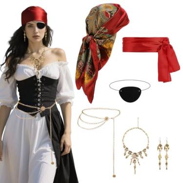 Imagem de ZhouBoat Conjunto de 6 peças de acessórios de fantasia de pirata para mulheres com lenço de cabeça, faixa vermelha, cinto, corrente na cintura, brincos, tapa-olhos para Halloween, cosplay, festa