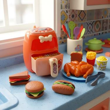 Imagem de Brinquedo Air Fryer Infantil com Luzes, Conjunto Completo com Fritadeira Elétrica, 4 Sanduíches, Frango Assado, Batatas Fritas, Pipoca e Acessórios, Brinquedo de Cozinha Educativo para Crianças 3 Anos