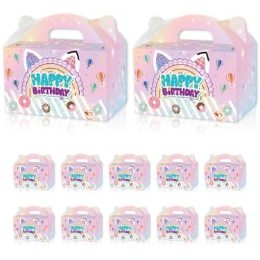 Imagem de 16 peças de desenho animado tema gato fofo lembrancinhas de festa sacos de presente com alça desenhos animados gato decorações de festa de aniversário, impressão dupla face, caixas de guloseimas kraft