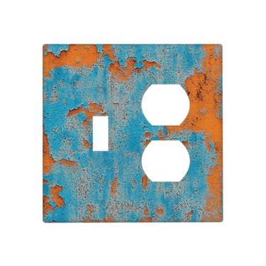 Imagem de JDAKHD Capas decorativas rústicas azuis laranja abstratas 2 Gang Combo Toggel/Duplex placa de parede metal ferrugem vintage placa frontal elétrica interruptor de luz tomada elétrica banheiro quarto