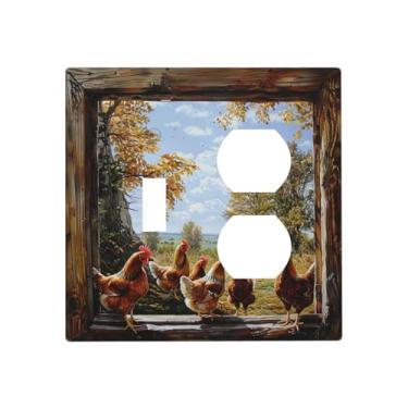 Imagem de SgEdao Capas de tomada decorativas janela de madeira galo cenário rural 2 gangues capa de placa de parede único interruptor duplex combo dois interruptores de luz placa de cobertura jumbo dupla GFCI