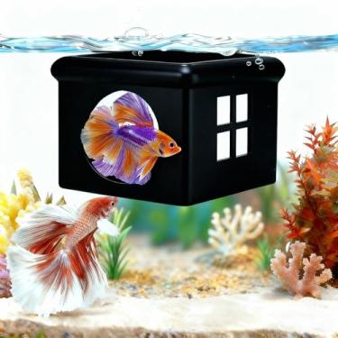Imagem de Esconderijo flutuante preto para peixes Betta com janela – Caixa de reprodução 3D e caverna de descanso – Rede Betta flutuante, plataforma de alimentação e acessórios para aquários pequenos, tigelas e