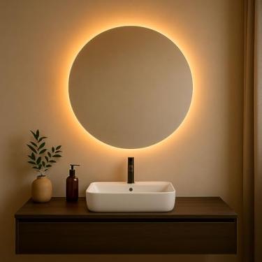 Imagem de Espelho Redondo Decorativo Grande Vidro Lapidado Com LED Banheiro Quarto Sala (30cm)