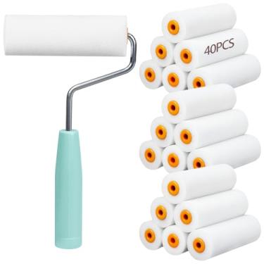 Imagem de Pacote com 40 mini rolos de tinta de espuma, capas de rolo de 10 cm com suporte, acessórios de pintura doméstica, rolos de acabamento liso para paredes e móveis