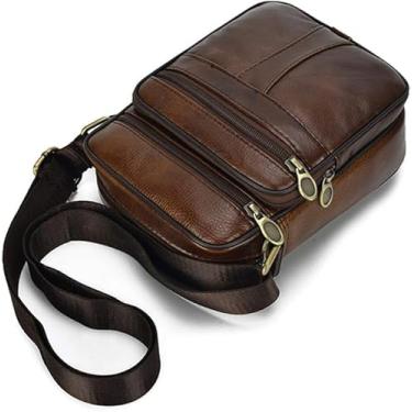 Imagem de Bolsa transversal de couro genuíno casual masculino ombro com zíper multicamadas vaca fashion alça ajustável design único leve