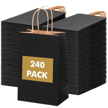 Imagem de OUTUXED 240 sacos de papel pretos com alças, 13 x 8 x 20 cm, pequenos sacos de presente pretos a granel para Natal, Halloween, compras, aniversário, casamento e festa de negócios
