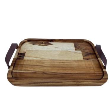 Imagem de Bandeja De Madeira Feita A Mão Com Alças Em Couro 33X22X2 Cm - Utensil