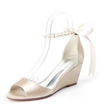 Imagem de Anna's Bridal Sapatos femininos de casamento pérola para noiva salto baixo confortável sapatos de cetim peep toe com alça P sapatos formais de festa de formatura sandálias, Champanhe, 40