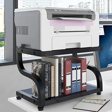 Imagem de PUNCIA Suporte para impressora de mesa de escritório doméstico preto de madeira de 2 níveis, suporte para copiadora de impressora a laser com armazenamento de mesa, prateleira organizadora de mesa