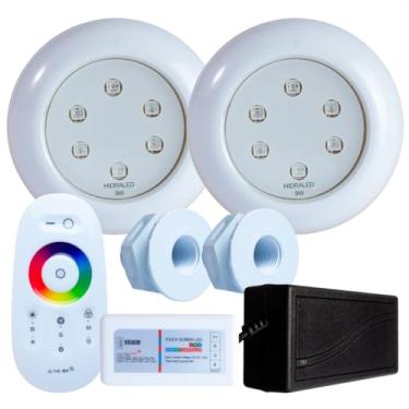 Imagem de Kit Iluminação para Piscina Hidraled, 2 Refletores LED RGB 9W ABS, 2 Nichos para piscina de Fibra, Controle Remoto Touch, Fonte 60W