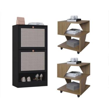 Imagem de Kit Sapateira 2 Portas E 2 Mesas De Cabeceira/centro Poquema Carvalho/preto