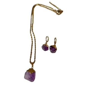 Imagem de Colar com pingente de pedra preciosa natural Ametista cristal de cura quartzo proteção reiki chacra pedras preciosas 45 cm joias mulheres meninas presentes