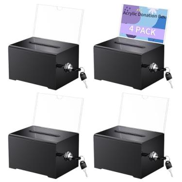 Imagem de Pacote com 4 recipientes de doação de acrílico transparente com trava e suporte de placa, urna de 15 x 11 x 9 cm, caixa de bilhetes de sorteio, dica e coleção de sugestões para arrecadação de fundos e