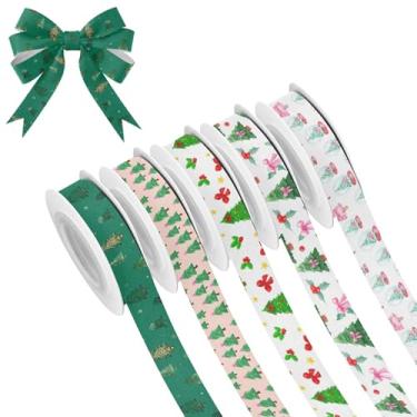 Imagem de SEHANY 5 rolos de fita de Natal 0,59 polegadas 5 jardas fitas de tecido de árvore de Natal fitas de cetim festivas fitas decorativas de Natal para embrulho de presente faça você mesmo artesanato