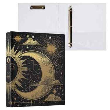 Imagem de Blueangle Fichário com 3 anéis de sol e lua dourados com prancheta e 2 bolsos - Organizador de documentos decorativos de 3 cm para escritório, suprimentos para reuniões (377)