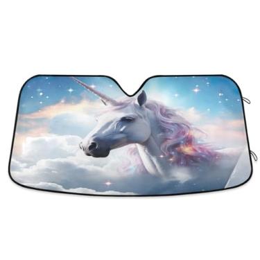 Imagem de ATTX Para-brisa de carro cavalo branco 139.7 cm x 70.1 cm escudo solar universal com proteção UV, persiana de janela frontal automática dobrável para caminhões Sedans SUVs #615