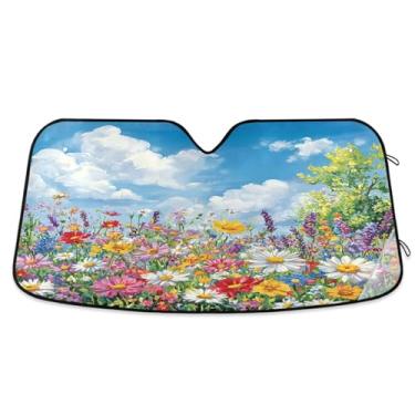 Imagem de ATTX Pára-brisas de carro colorido Wildflowers 139.7 cm x 70.1 cm Protetor solar universal com proteção UV, persiana de janela frontal automática dobrável para caminhões Sedans SUVs #507