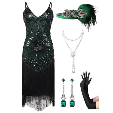 Imagem de RRYIO Vestidos femininos melindrosa anos 20, vestidos Great Gatsby, vestido de coquetel com franjas de lantejoulas, vestido dos anos 20 para Harlem (verde, G)