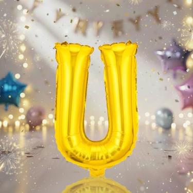 Imagem de Balões grandes de letras douradas U de 81 cm, balões de alfabeto Mylar preenchidos com hélio para festas de aniversário e decorações não comemorativas, suprimentos de decoração de festa de ouro grande