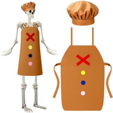 Imagem de JaGely Conjunto de 2 peças de acessórios de fantasia de esqueleto de homem de gengibre de Natal de 3,6 m, inclui chapéu de chef marrom e avental para o Natal, vestido de esqueleto de 3,7 m, decoração